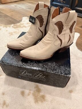Dan Post Cream Western Ankle Booties with Brown Inlay